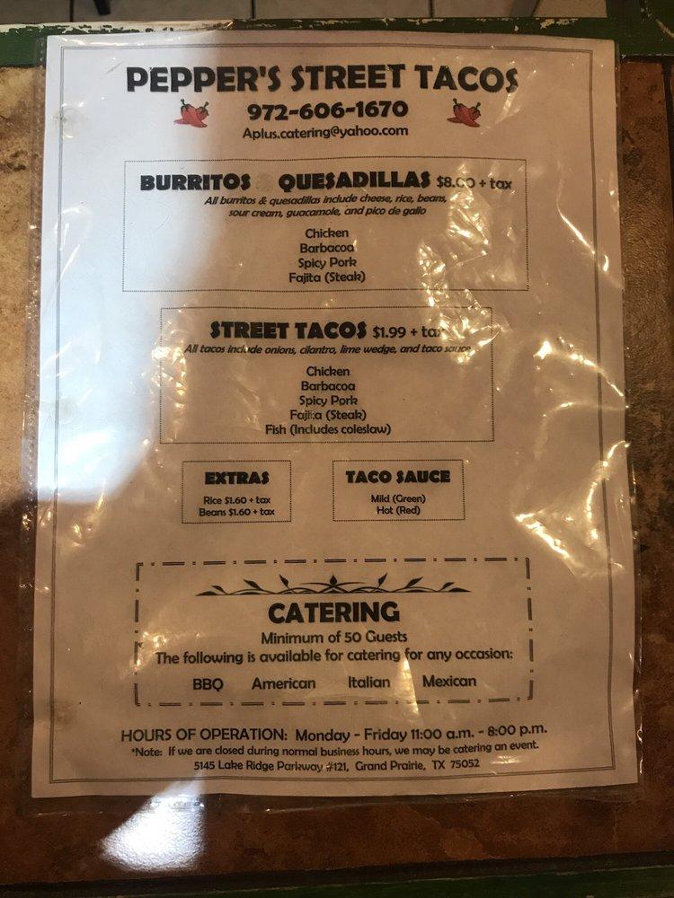 Menu at Pepper's Street Tacos restaurant, Grand Prairie