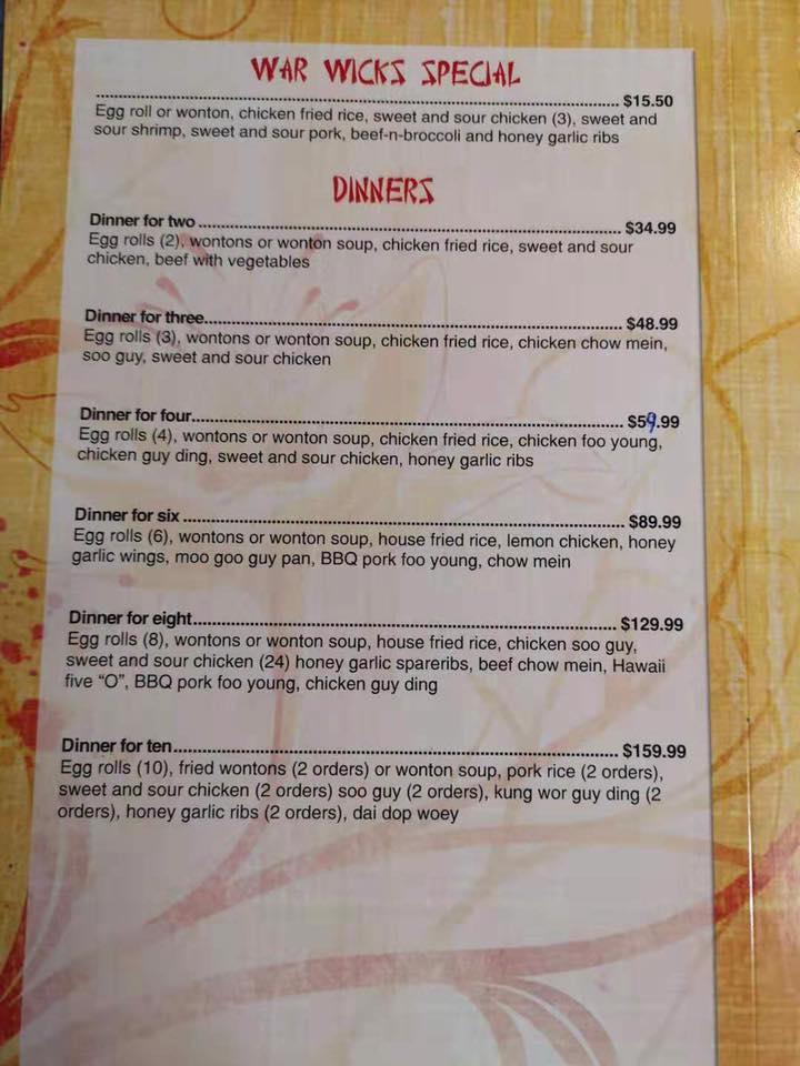 Menu at War Wick's Restaurant, Grand FallsWindsor