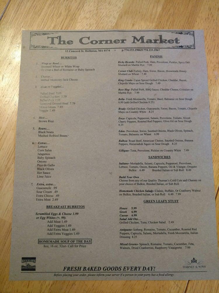 Menu at The Corner Market pizzeria, Holliston