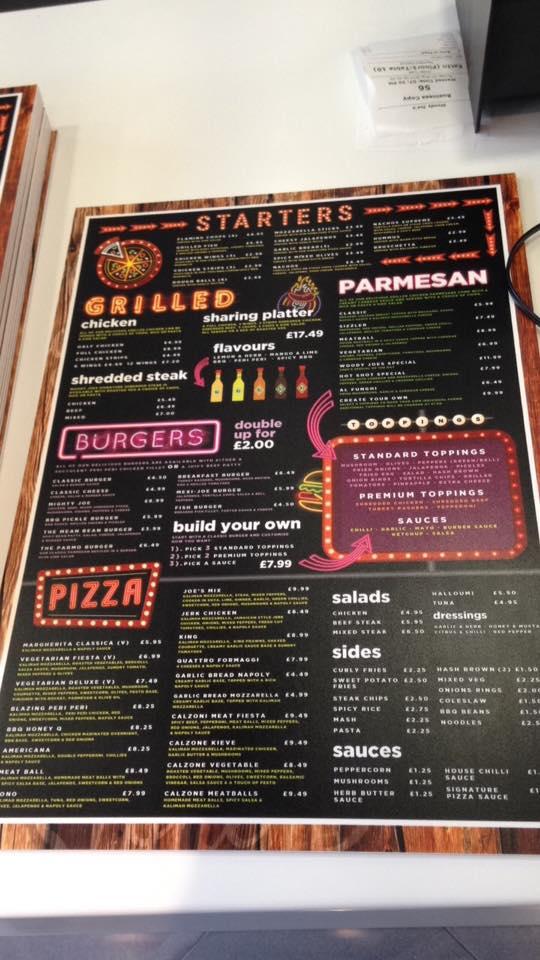 Menu at Woody Joe's restaurant, Bradford, 368/370 Leeds Rd