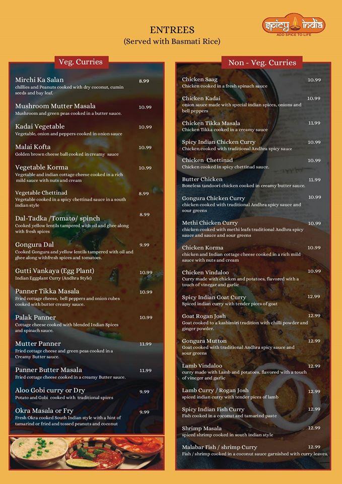 Menu at Spicy India restaurant, Abilene, 505 Pine St