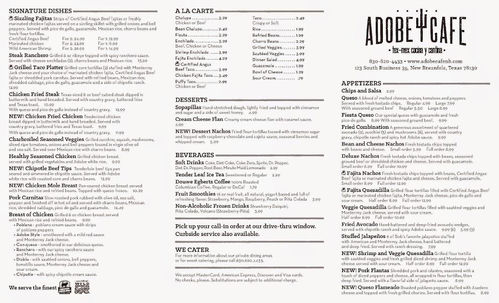 Menu at Adobe Cafe, New Braunfels, 124 I35BL