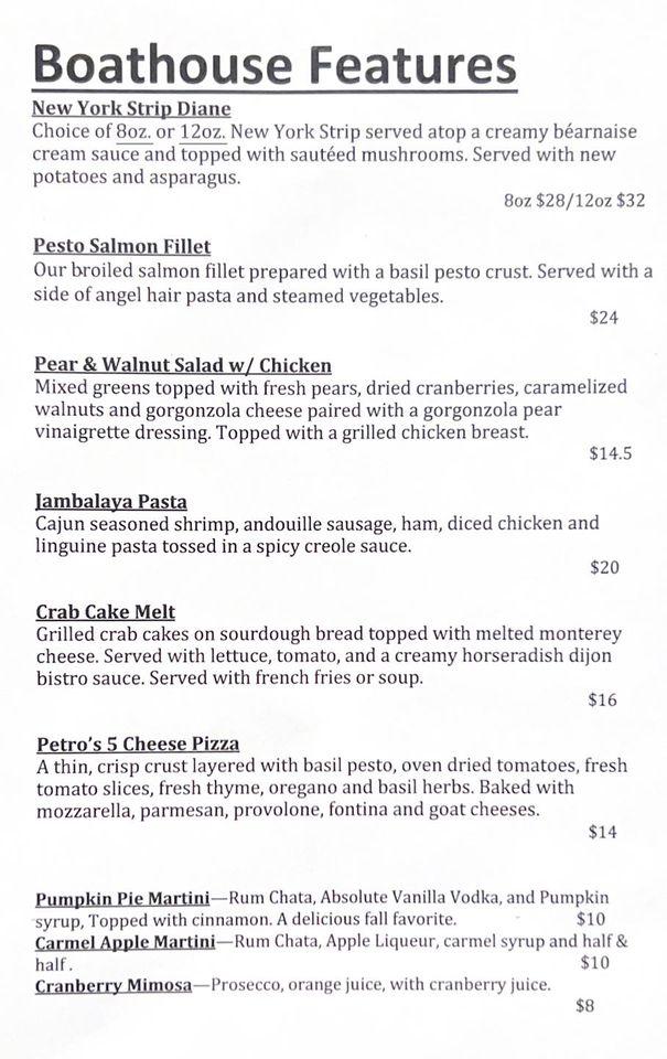 Menu at Boathouse Restaurant, Winona Lake