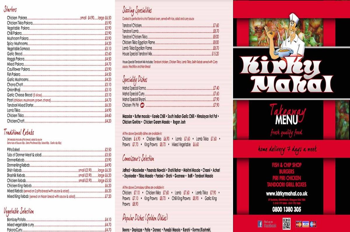 Menu at Kirky Mahal Kirkintilloch fast food, Glasgow