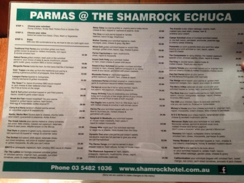 Menu at Shamrock Hotel Echuca pub & bar, Echuca