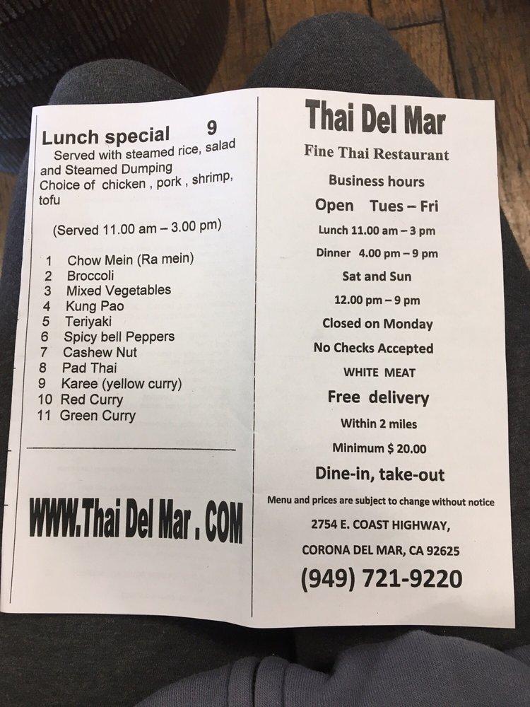 Menu at Thai Del Mar Restaurant, Newport Beach