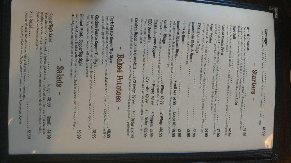 Menu at Coppertop Barbeque, Fredonia, 112 Cassidy Ave