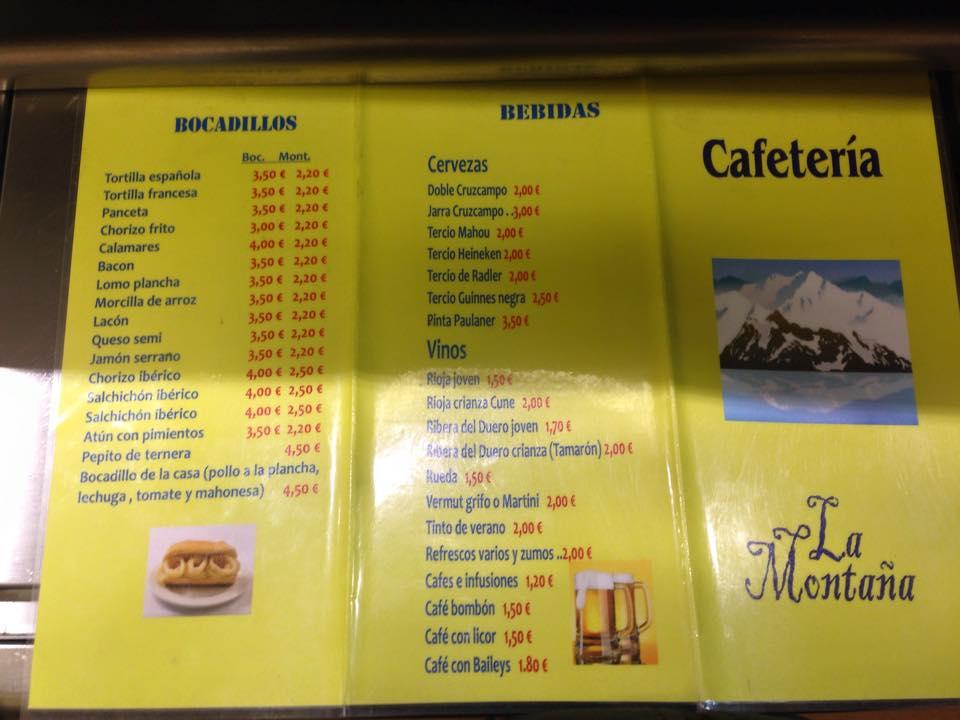 Carta de Bar La Montaña, Madrid, Gta. Marqués de Vadillo