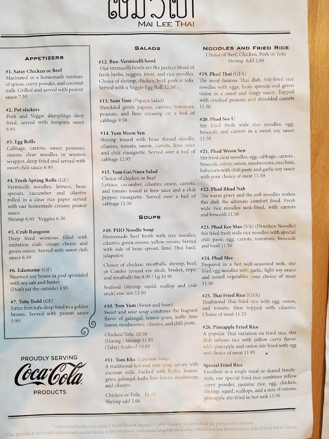 Menu at Mai Lee Thai Restaurant, East Wenatchee