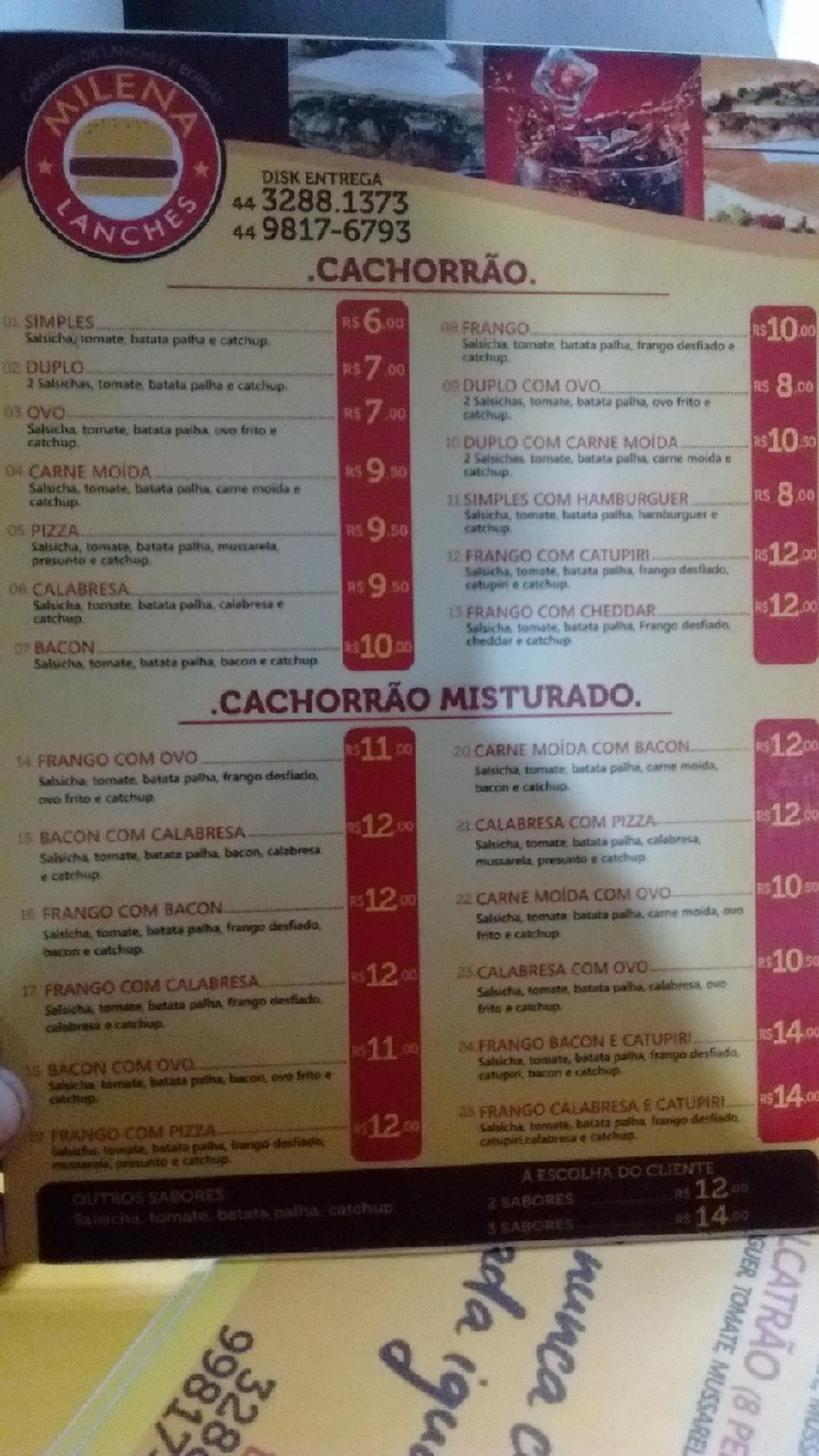 Milena Lanches cardápio