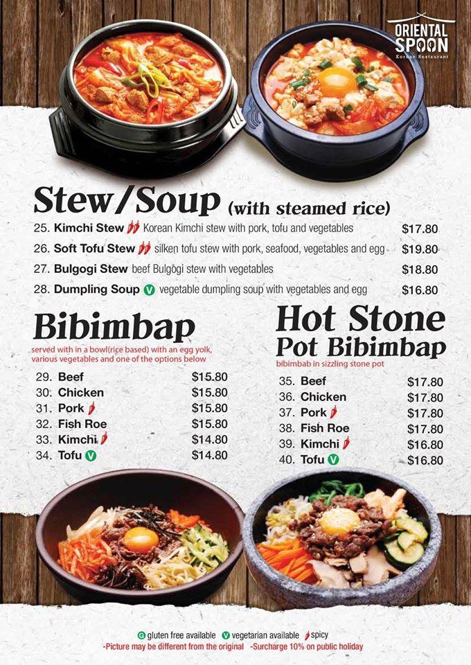 Menu at Oriental Spoon Korean Restaurant, Port Macquarie