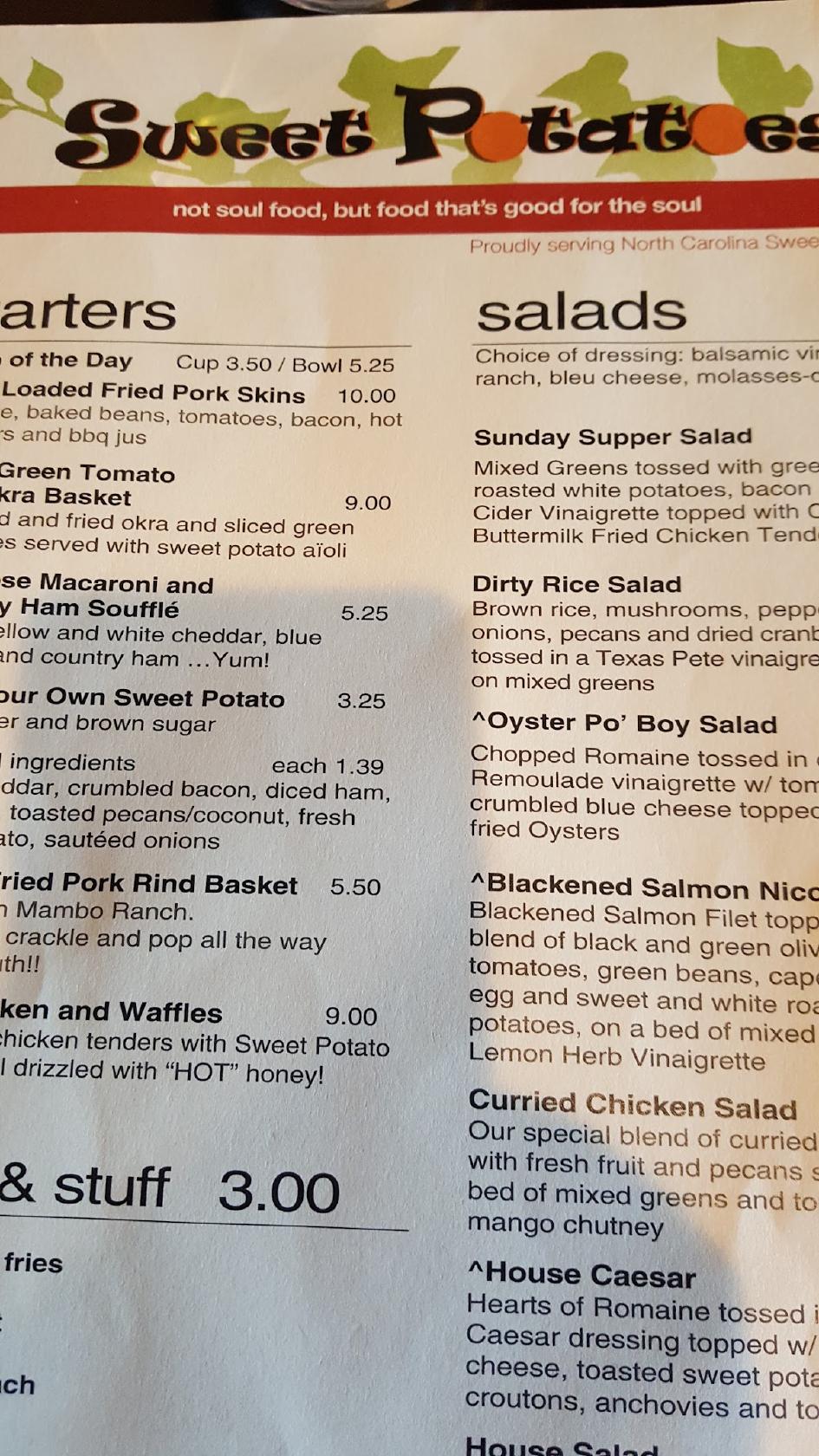Menu at Sweet Potatoes restaurant, WinstonSalem