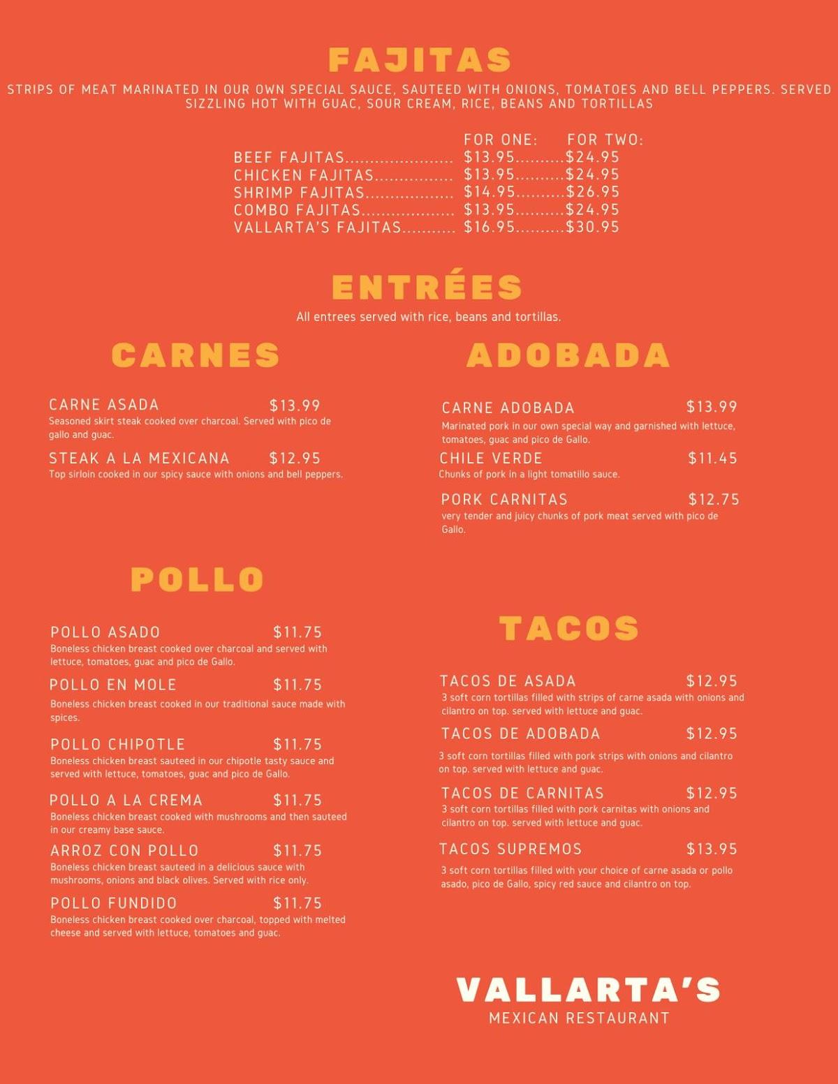 Menu at Vallarta's Mexican Restaurant, Archie