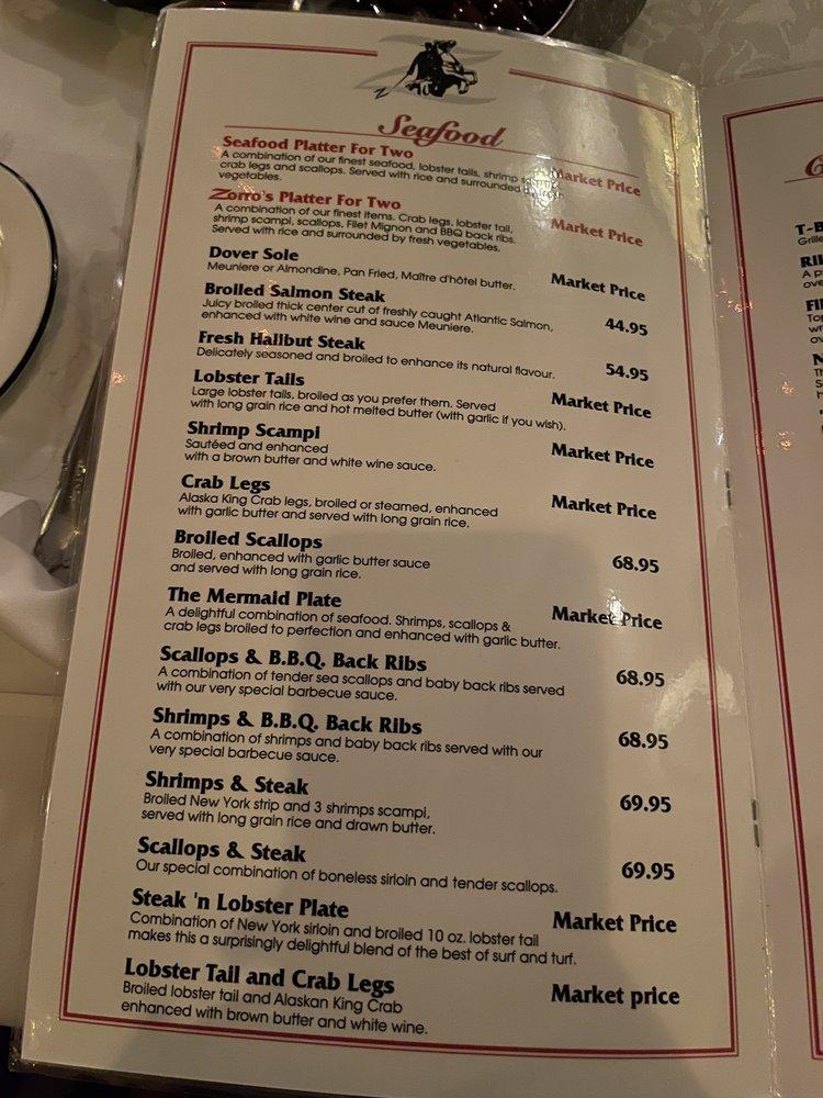 Menu at Zorro's Steakhouse, Mississauga