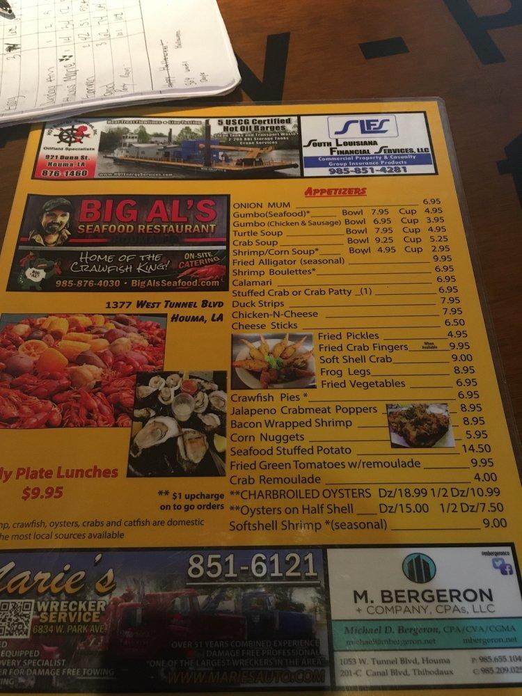Menu at Big Al's Seafood Restaurant, Houma