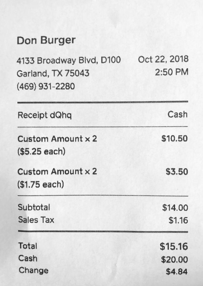 Menu at Don Burger restaurant, Garland