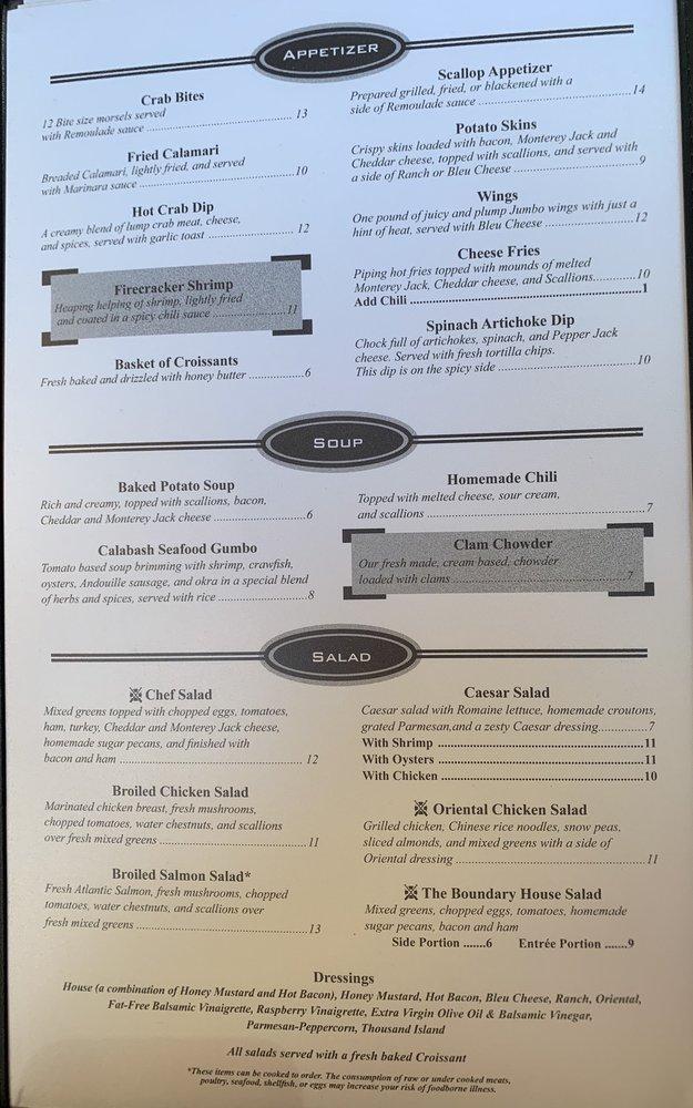 Menu at The Boundary House Restaurant, Calabash