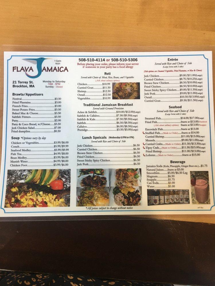 Menu at Flava Jamaica restaurant, Brockton