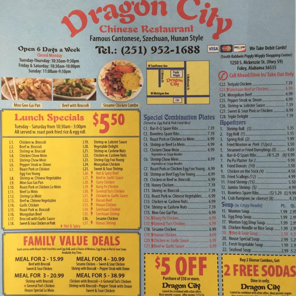 Menu at Dragon City restaurant, Foley