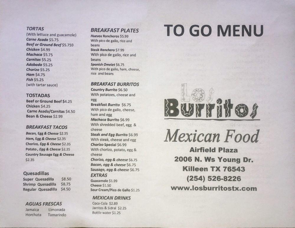 Menu at Los Burritos restaurant, Killeen