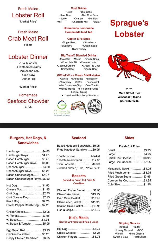 Menu at Sprague's Lobster restaurant, Wiscasset, 22 Main St