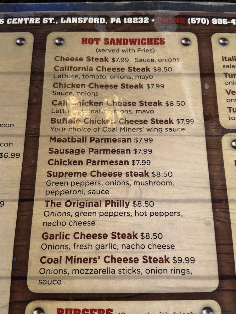 Menu at Coal Miners Bar & Grill, Lansford