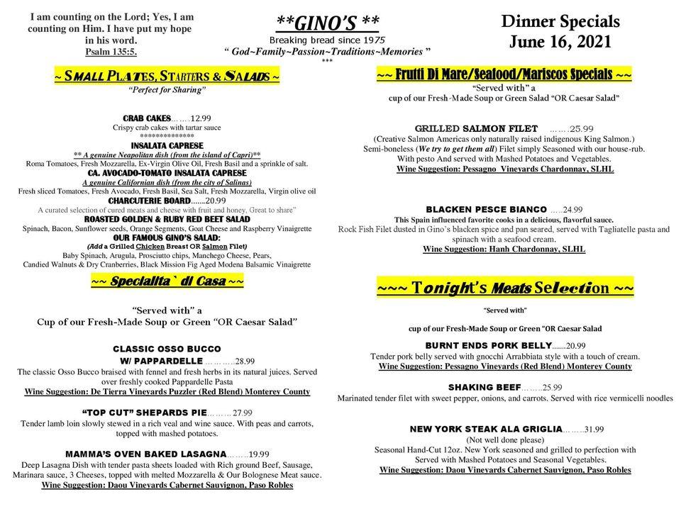 Menu at Gino's restaurant, Salinas