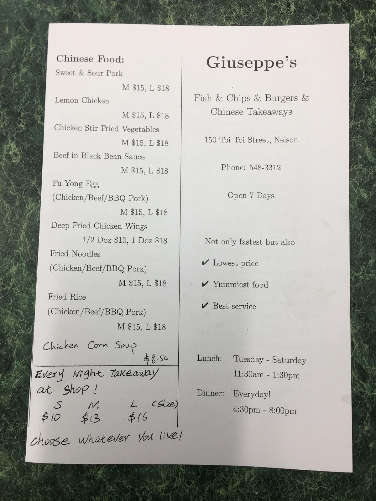 Menu at Giuseppes Fish & Chips & Burgers restaurant, Nelson