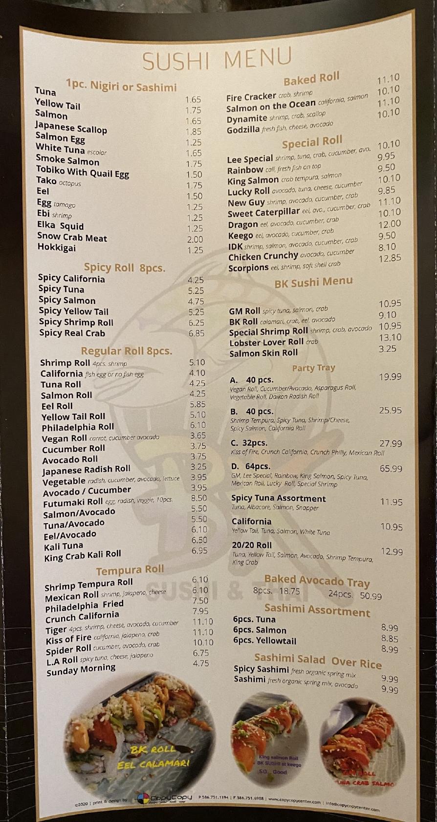 Menu at Bk Sushi Thai Food restaurant, Keego Harbor