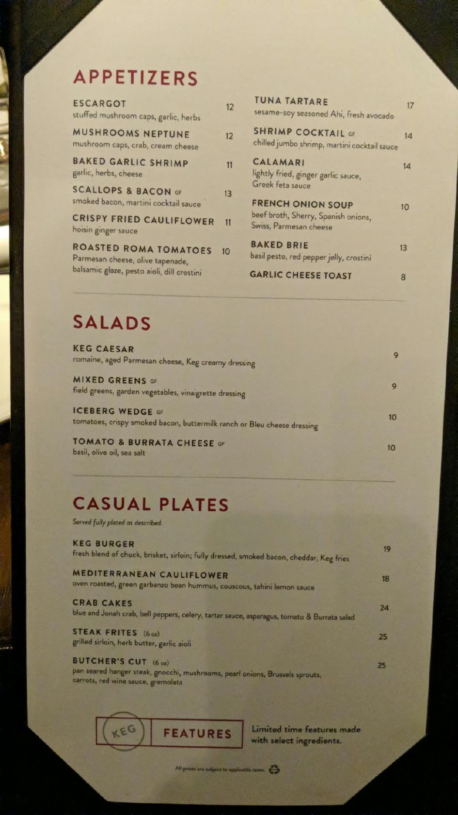 Menu at The Keg Steakhouse + Bar Fort McMurray, Fort McMurray