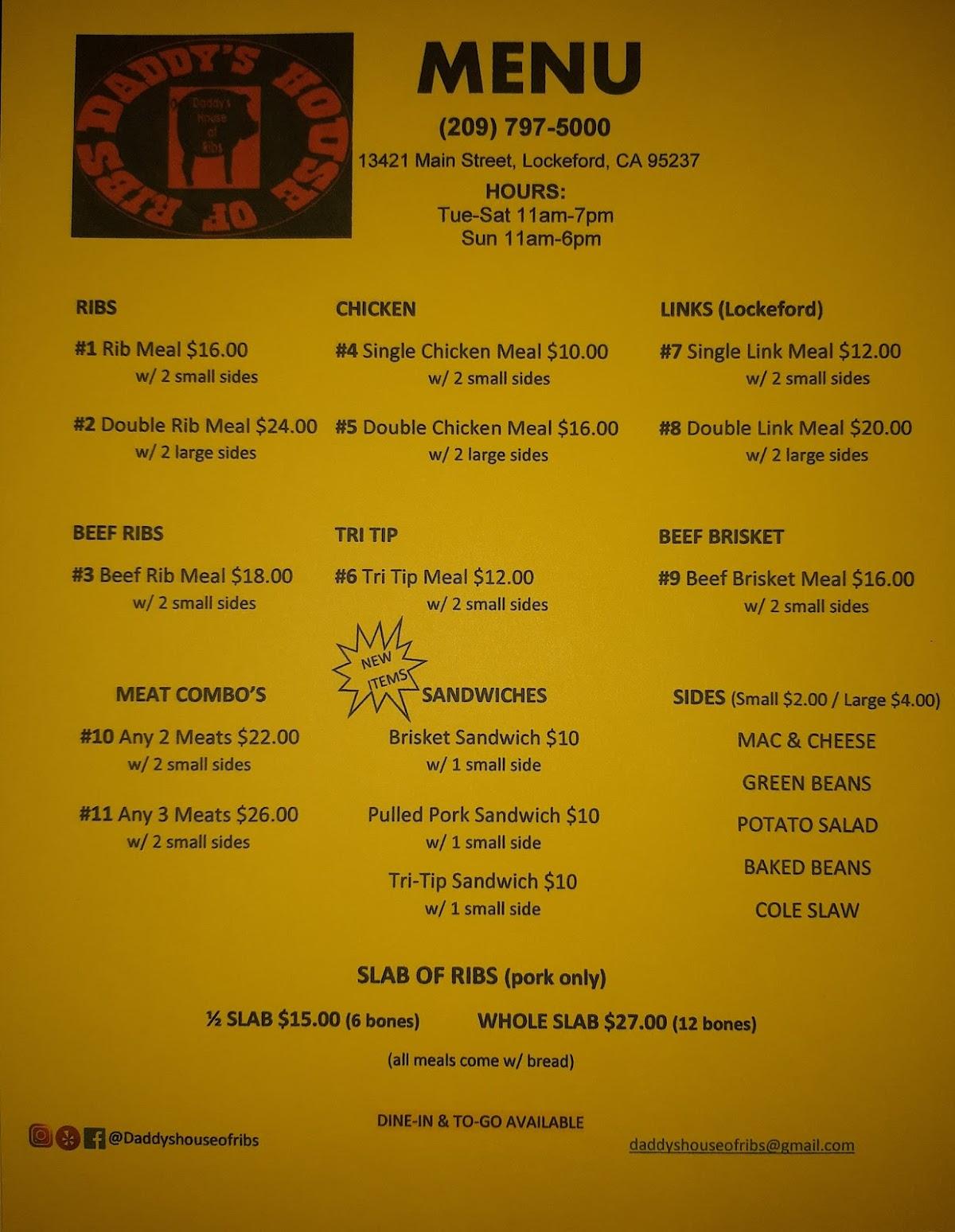 Menu at Daddy's House of Ribs BBQ, Lockeford