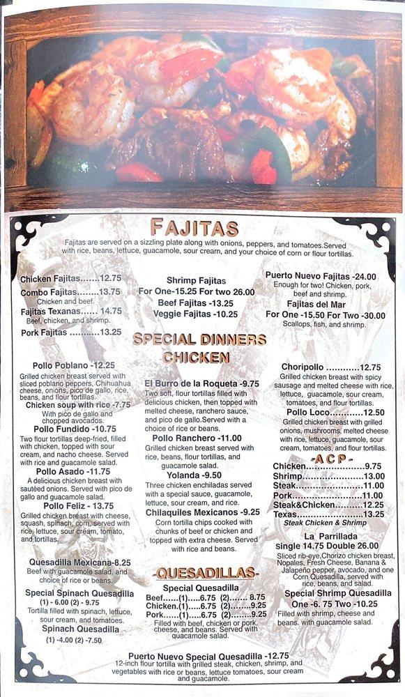 Menu at Puerto Nuevo Mexican & Seafood Restaurant, Roan Mountain, US19E