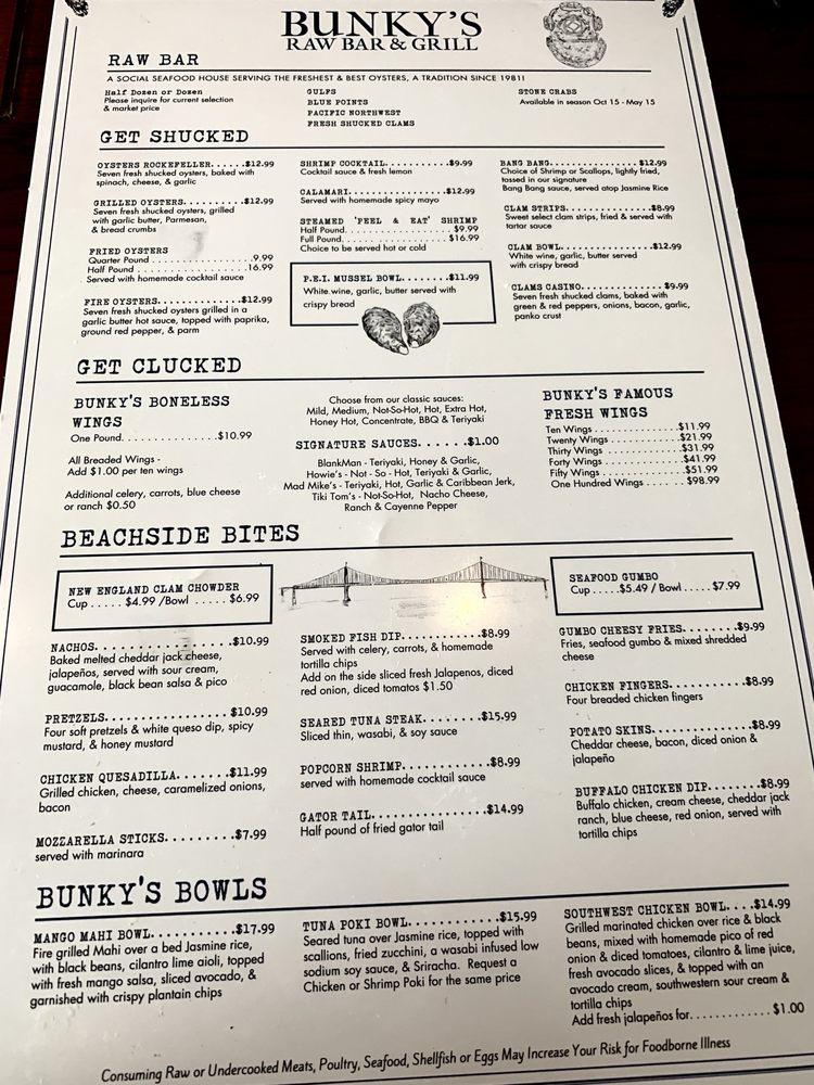 Menu at Bunky's Raw Bar & Grill, Indialantic