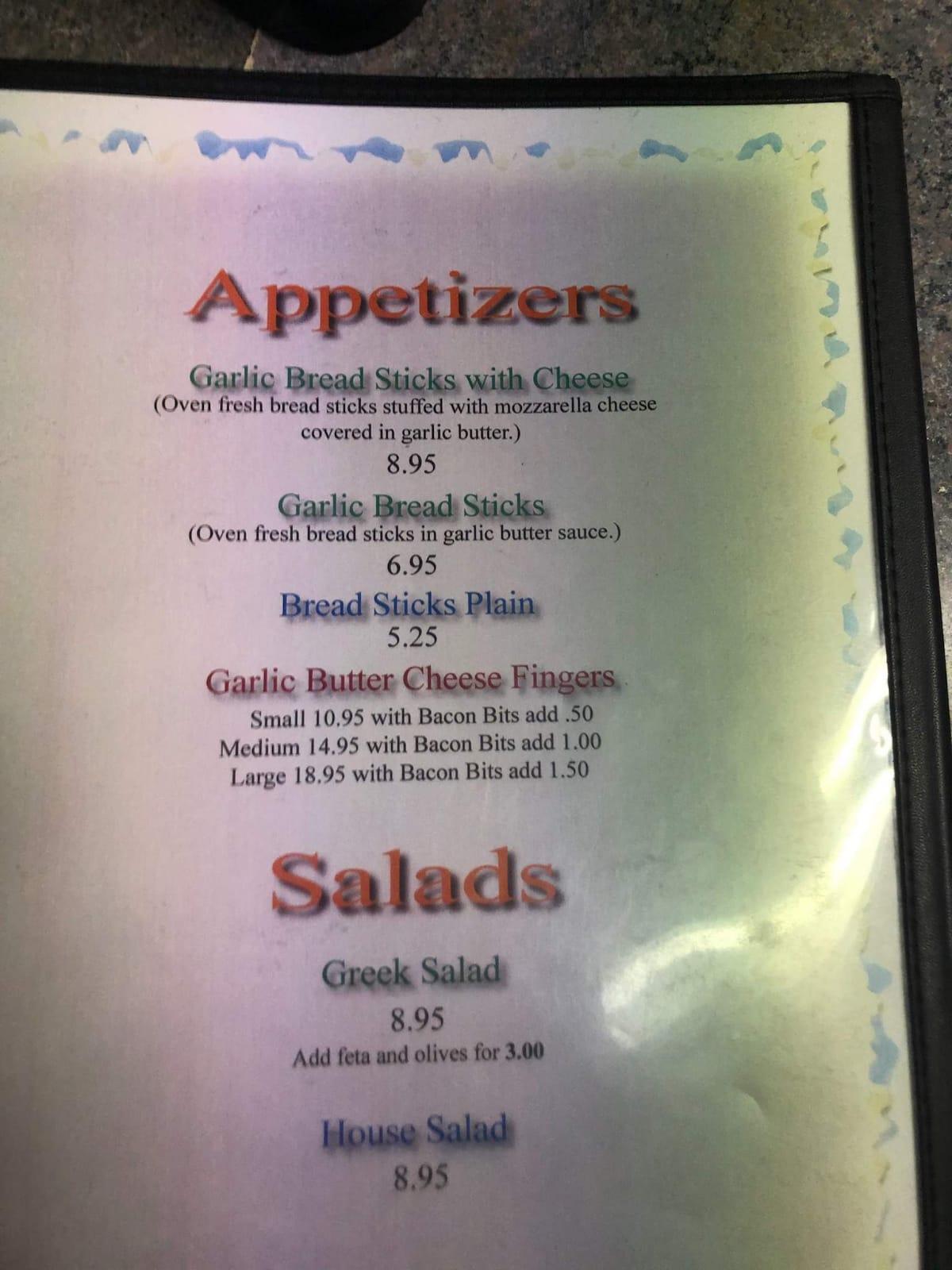 Menu at El Greco pizzeria, Happy ValleyGoose Bay