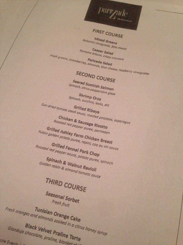 Menu at Parizade restaurant, Durham