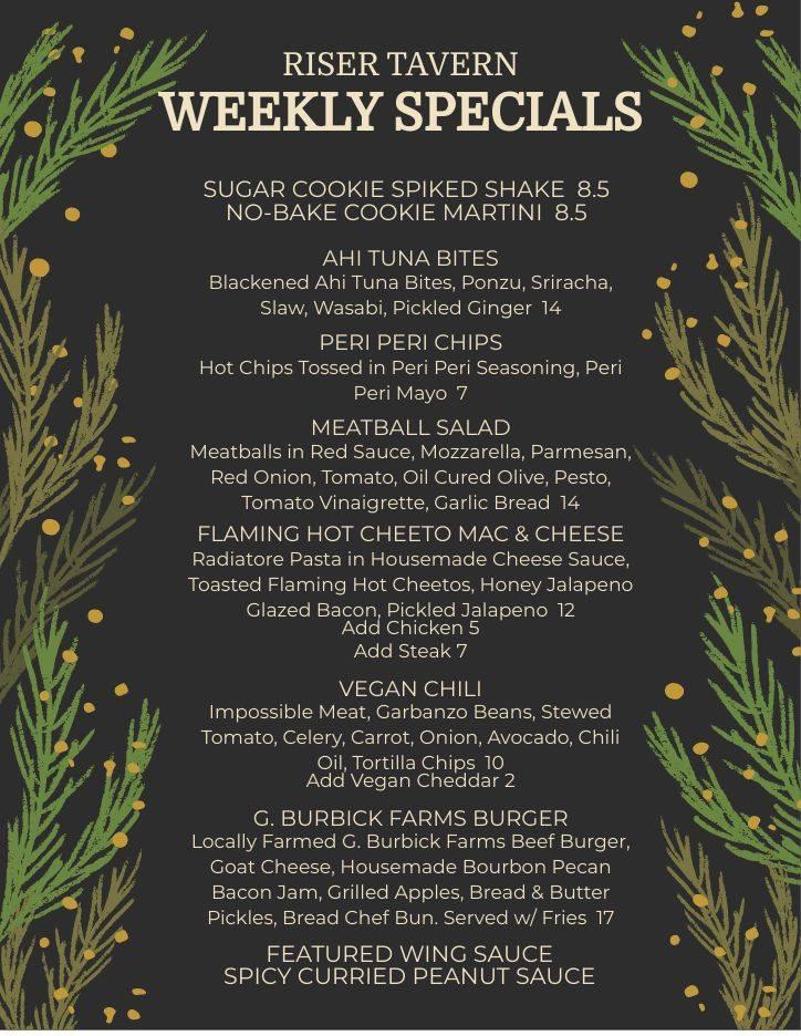 Menu at Riser Tavern & Grill pub & bar, Boardman