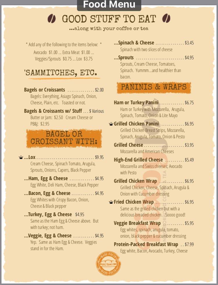 Menu at Bixby Joe Coffee & Tea cafe, Long Beach
