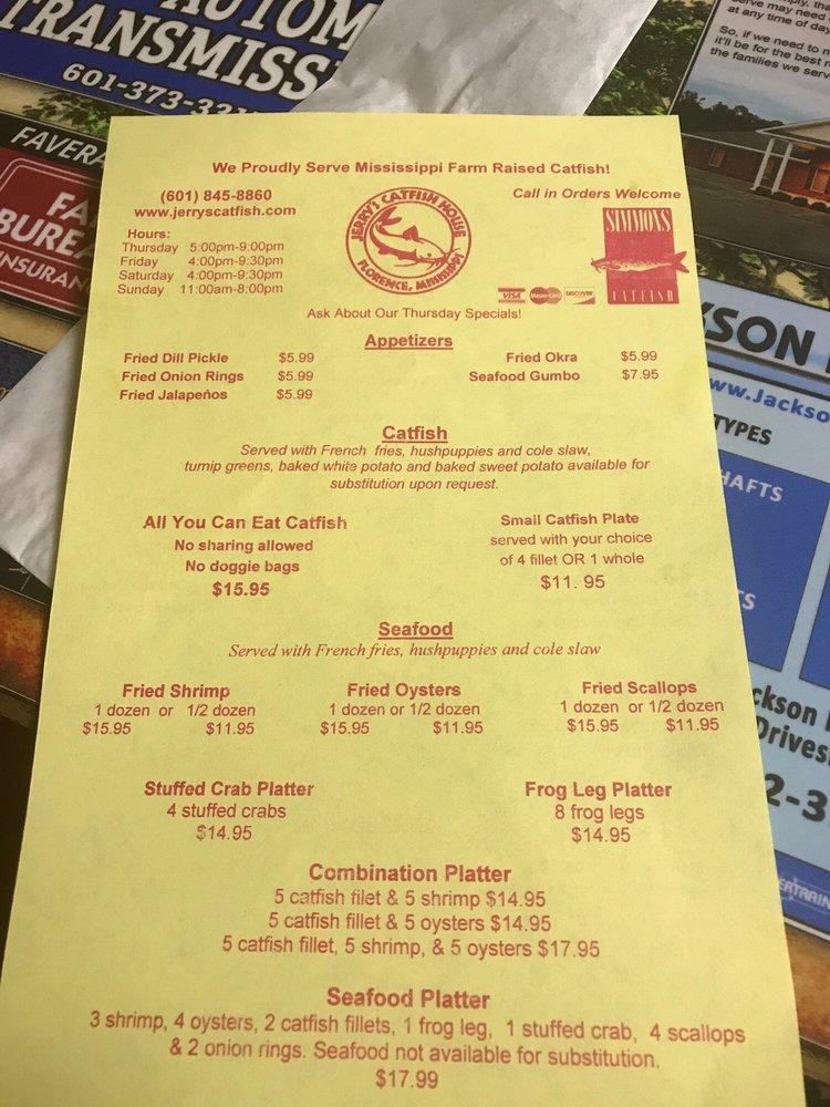 Menu at Jerry's Catfish House restaurant, Florence