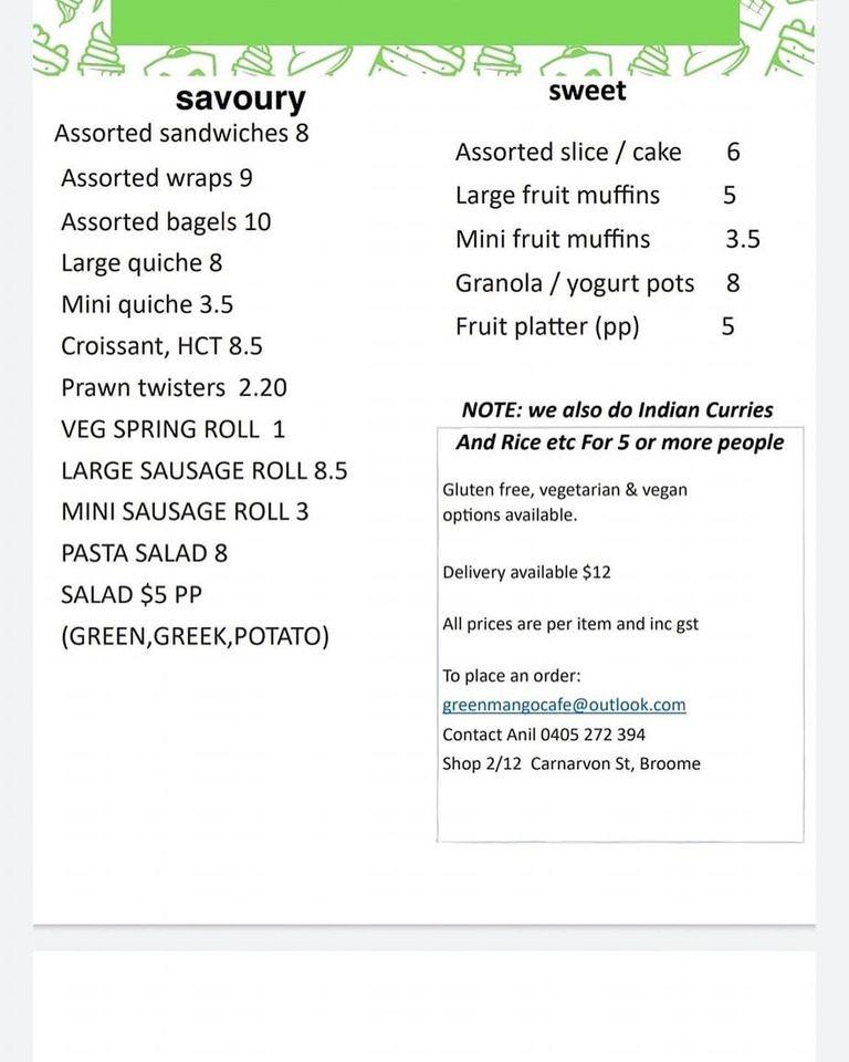 Menu at The Green Mango Cafe, Broome