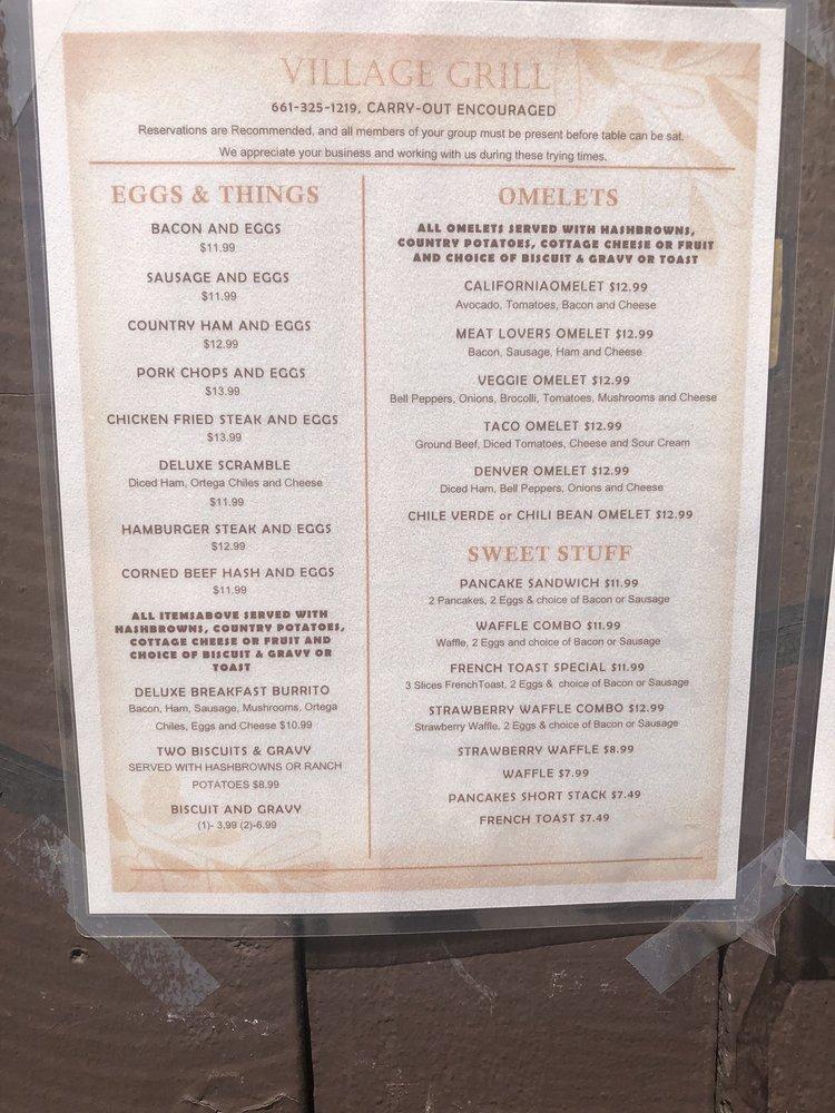 Menu at Village Grill restaurant, Bakersfield, F St