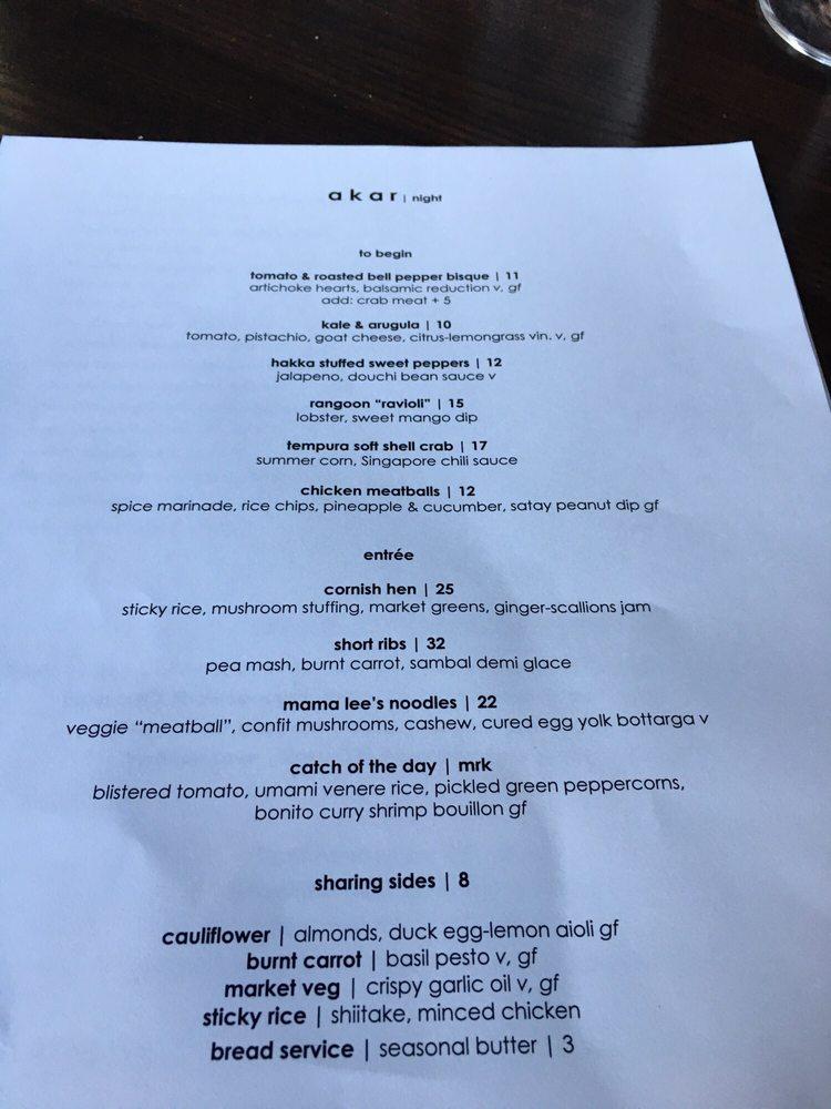 Menu at Akar restaurant, Clayton