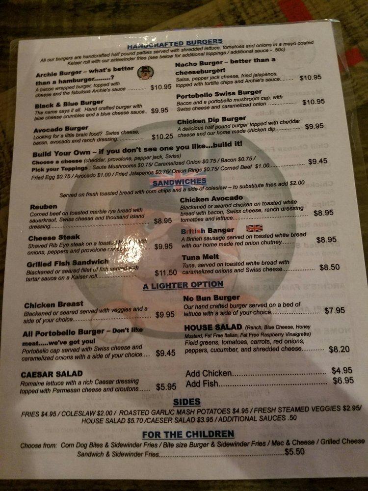 Menu at Archie's British Restaurant, Melbourne