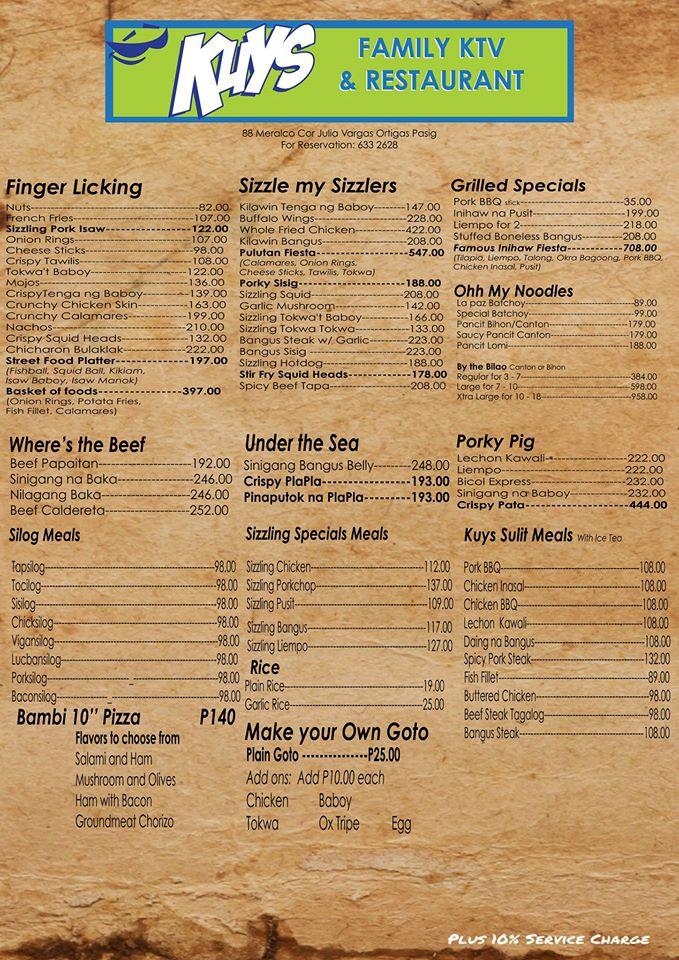 Menu at Kuys Family KTV and Restaurant, Philippines