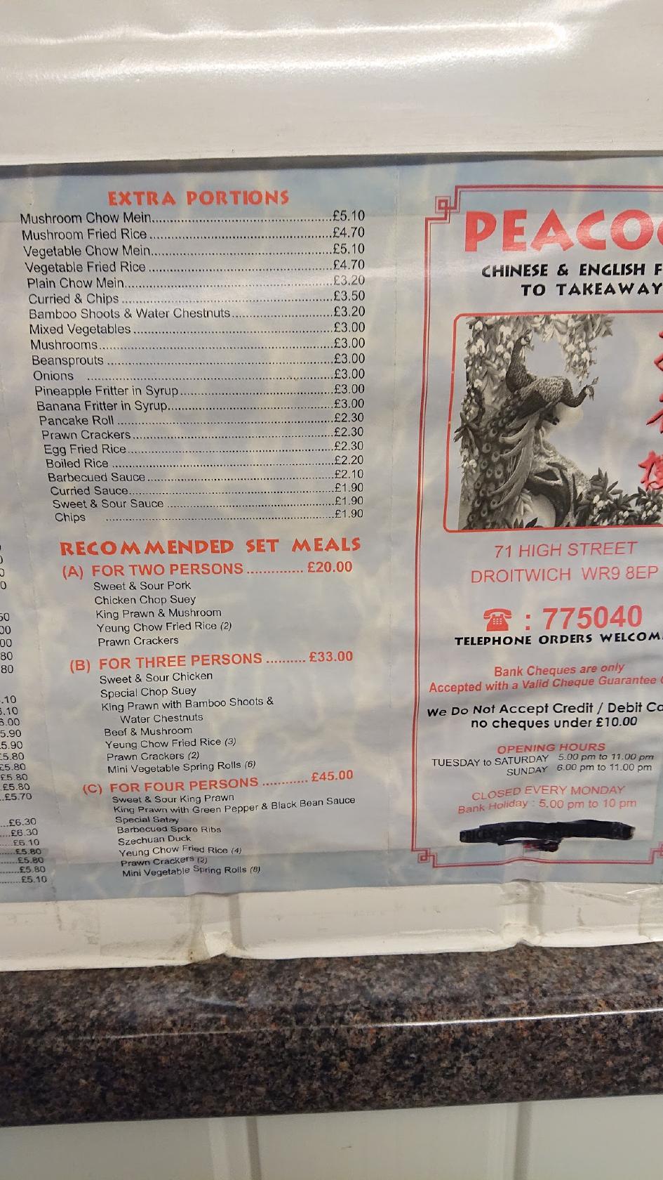 Menu at The Peacock fast food, Droitwich Spa