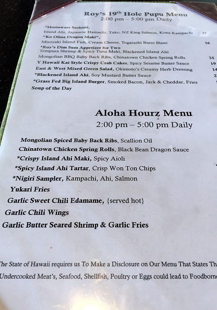 Menu at Roy's Ko Olina restaurant, Kapolei