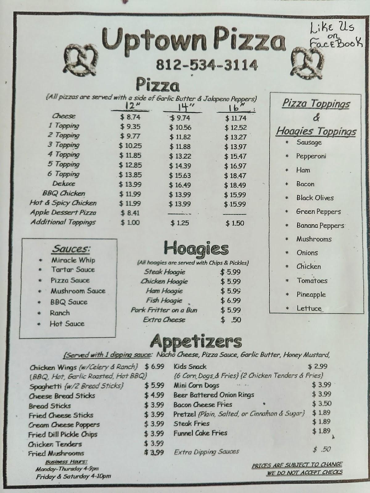 Menu at Uptown Pizza restaurant, East Enterprise, IN-250