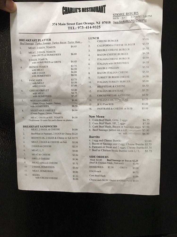 Menu at Charlie's Restaurant, East Orange