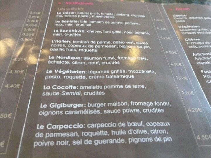 Menu de Sandwicherie Semidi