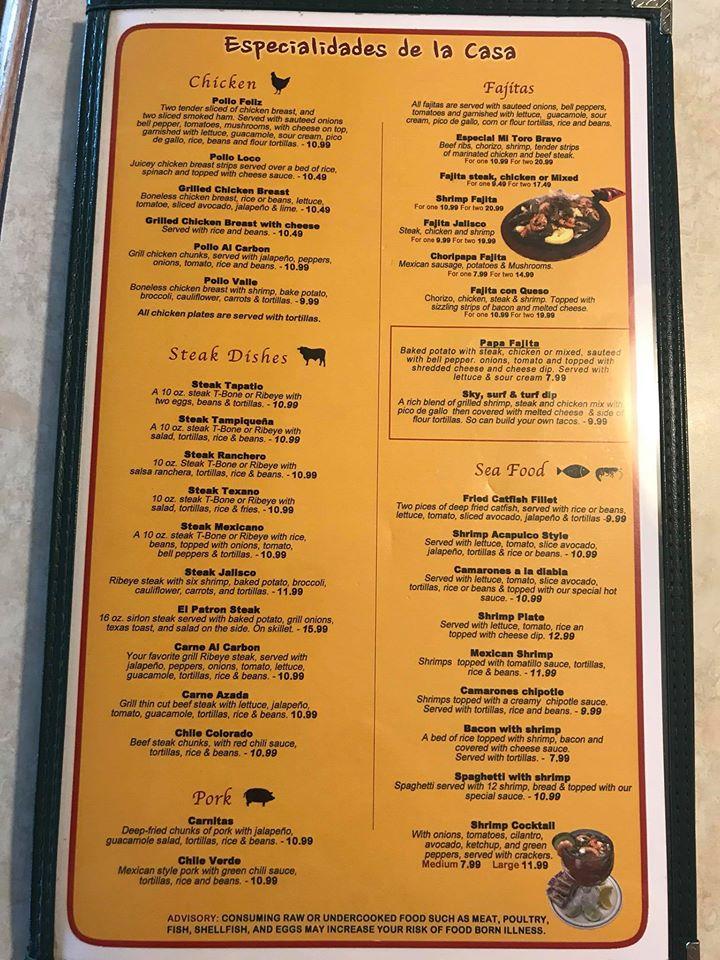 Menu at Mi Toro Bravo restaurant, Saltillo, 143 City Market Dr