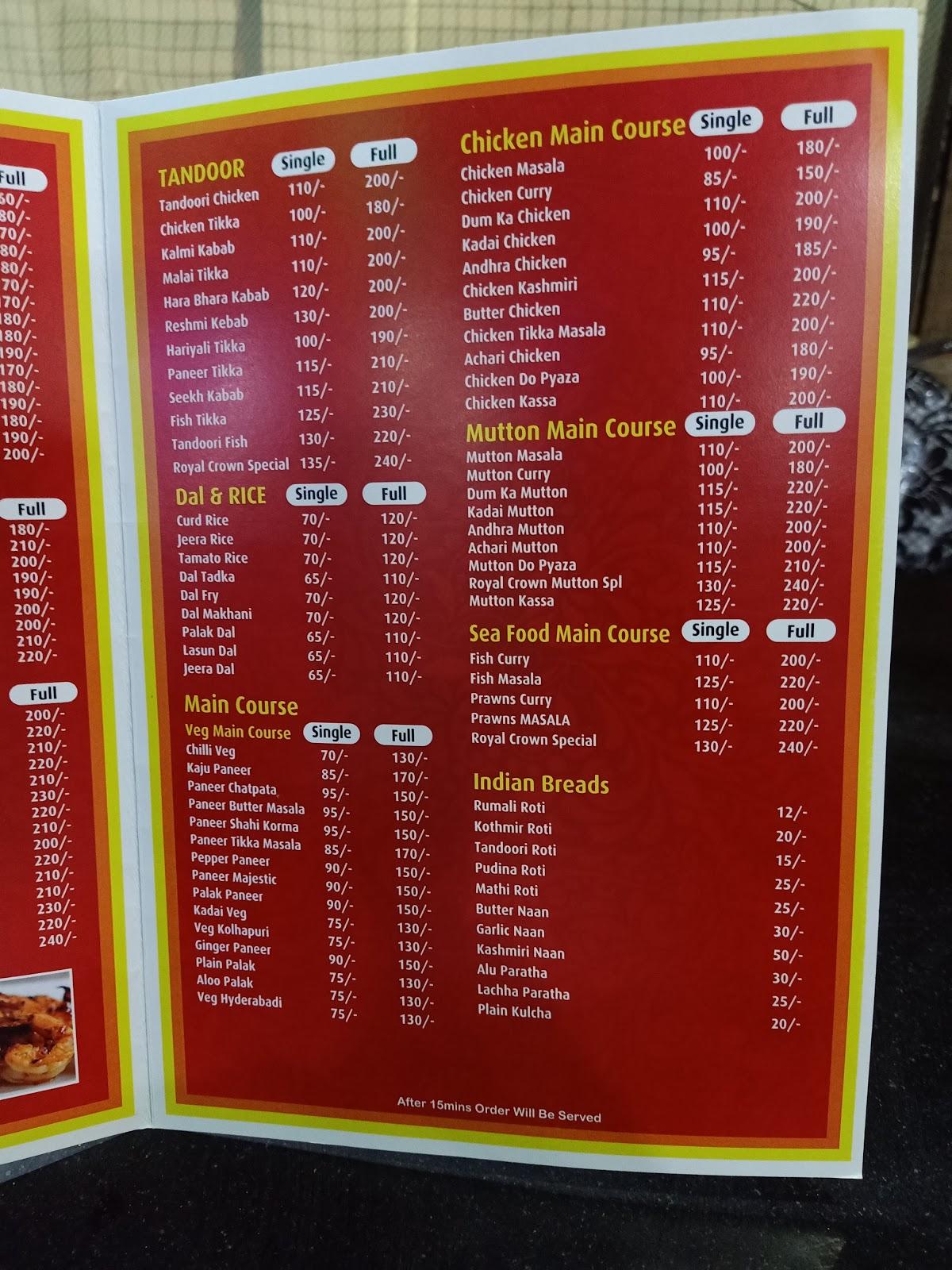 Menu at Royal Crown Restaurant, Secunderabad
